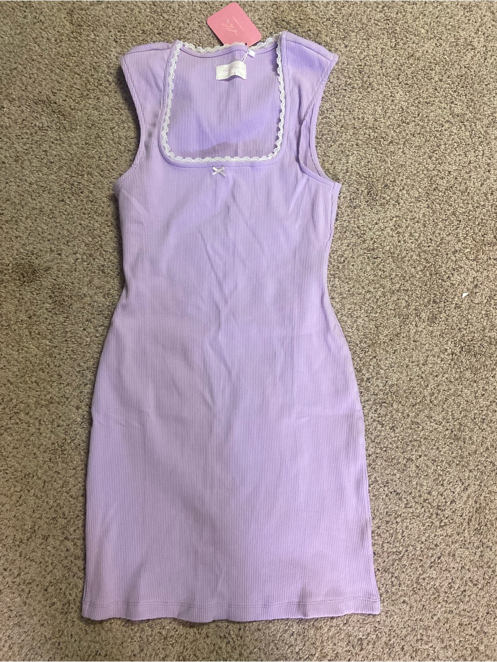 NWT Ribbed Bodycon Lilac Purple Dress Lace Trim Square Neck Short Large
